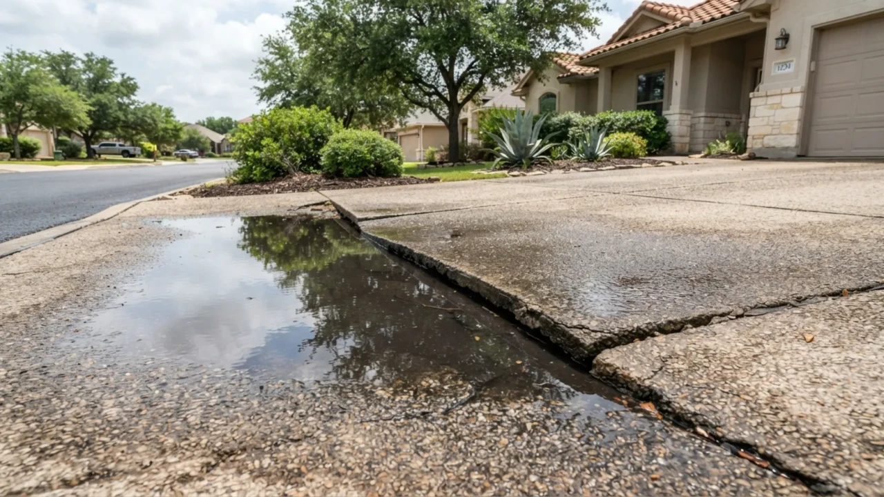 Sunken concrete driveway section with pooling water in San Antonio