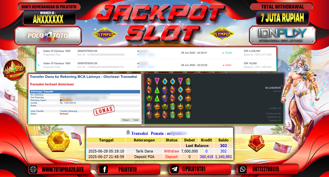 POLOTOTO JACKPOT SLOT GATES OF OLYMPUS 1000 Rp.7.000.000,-