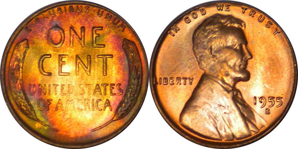 1955 S MS 66 EOR RAINBOW COLOR TONED 1C