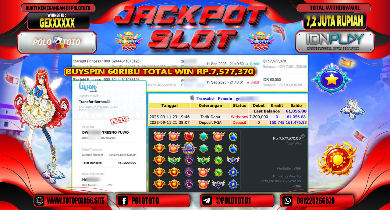 POLOTOTO JACKPOT SLOT STARLIGHT PRINCESS 1000 Rp.7.200.000,-