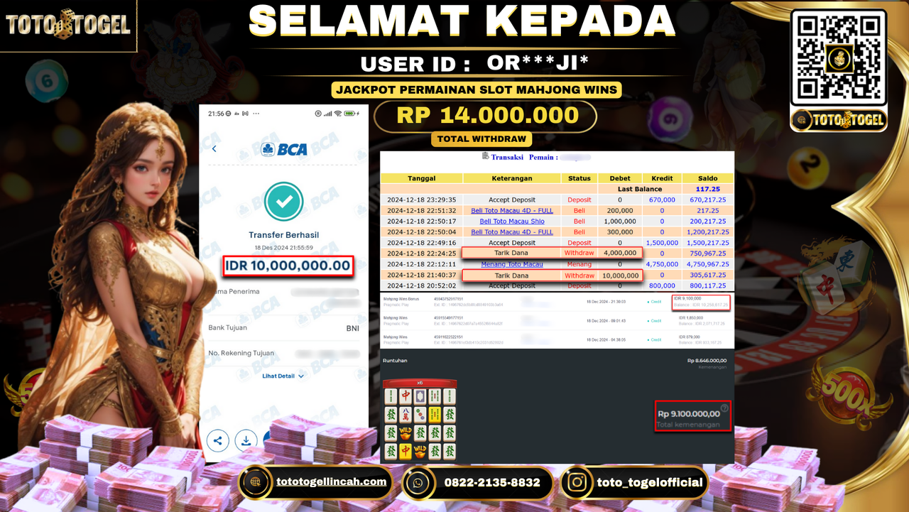 Bukti Pembayaran Jackpot Permainan Slot Mahjong Ways ID: OR***JI** LUNAS