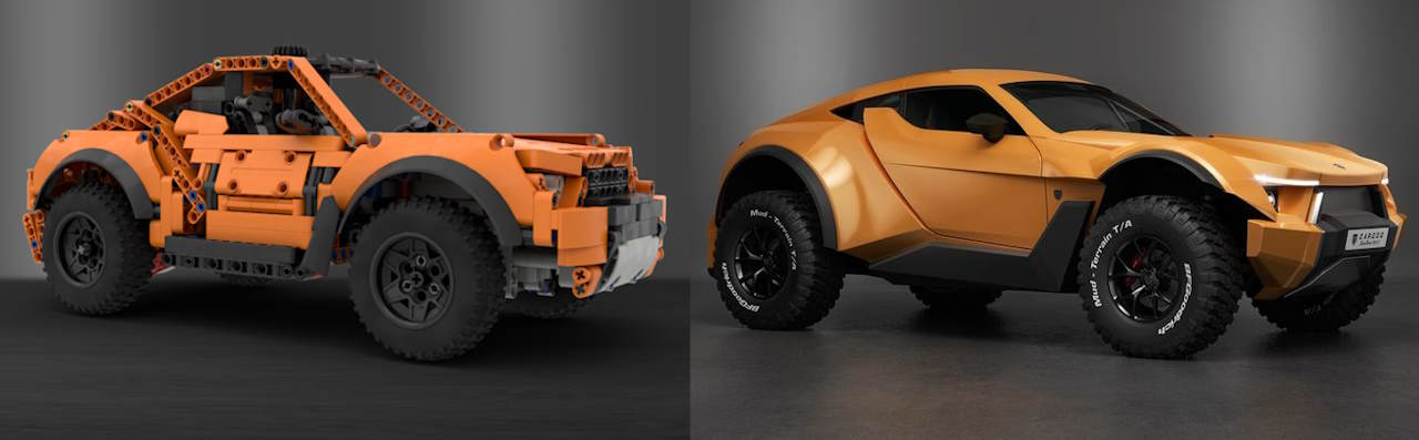 Front side comparison between the real Zarooq Sandracer car and the Lego Technic MOC replica