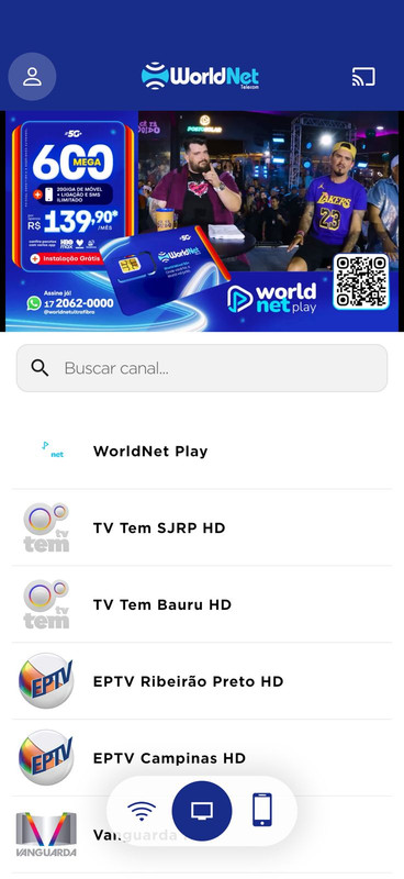 Tela mostrando a área de TV dentro do aplicativo de suporte