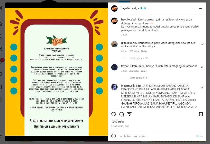 Panitia Hayu Festival di Sukabumi akhirnya meminta maaf setelah membatalkan konser musik tiba-tiba pada hari H.