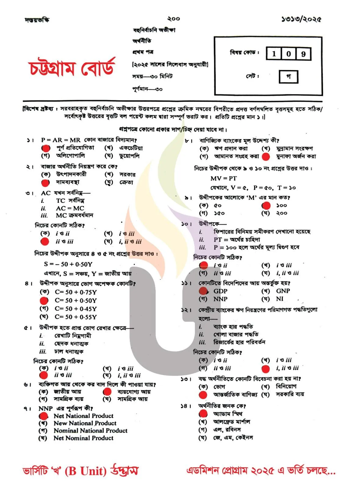 Economics 1st Paper MCQ Question With Answers 2025 Chittagong Board HSC 2025