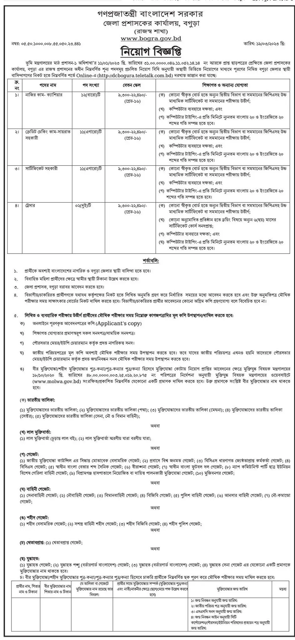 Bogura DC Office Job Circular 2023