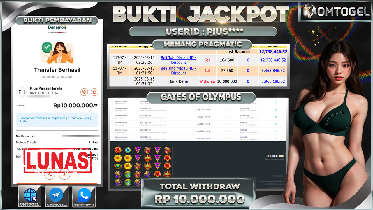 OMTOGEL JACKPOT PRAGMATIC PLAY GATES OF OLYMPUS 10 JUTA DI BAYAR LUNAS ,-