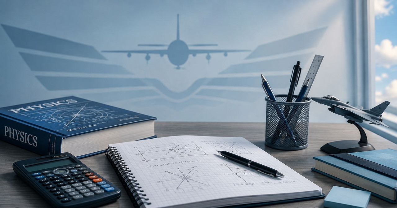 IAF Agniveer Vayu Syllabus 2026 - Exam Pattern Guide Study desk with physics textbook and calculator representing IAF Agniveer Vayu syllabus preparation 2026