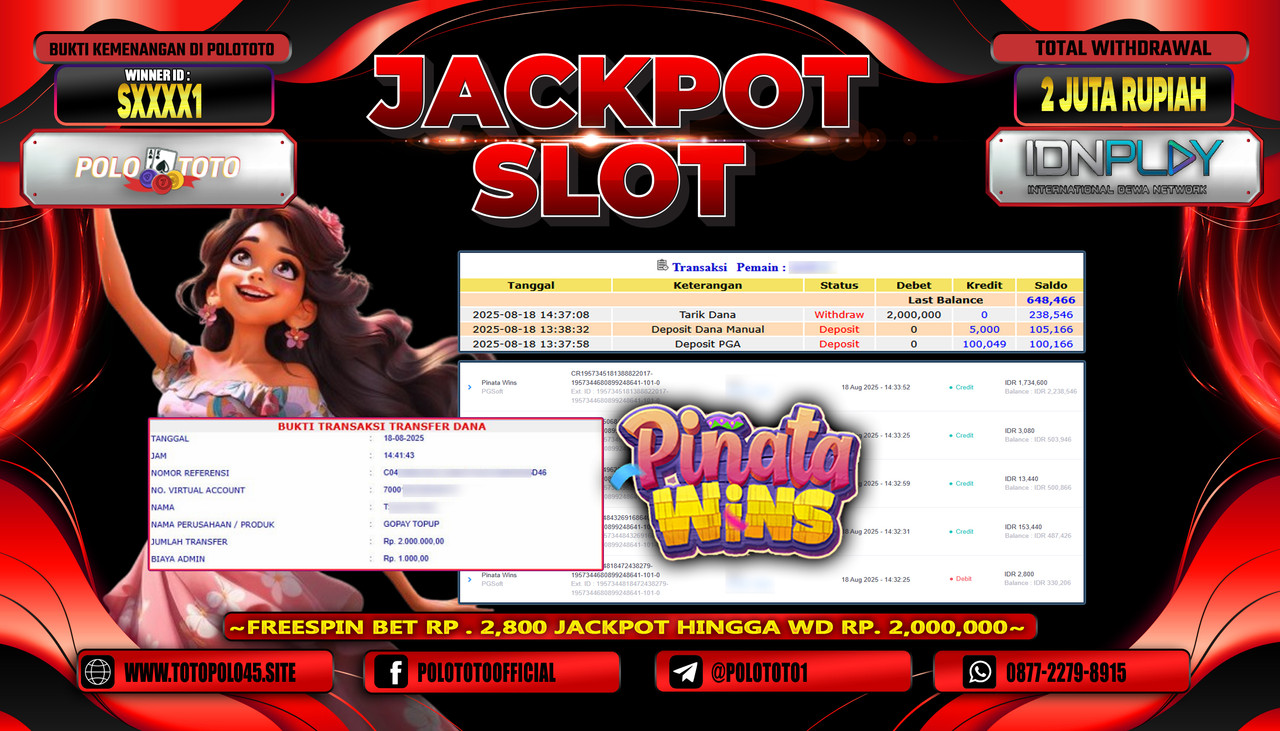 POLOTOTO JACKPOT SLOT PINATA WINS Rp.2.000.000,- LUNAS