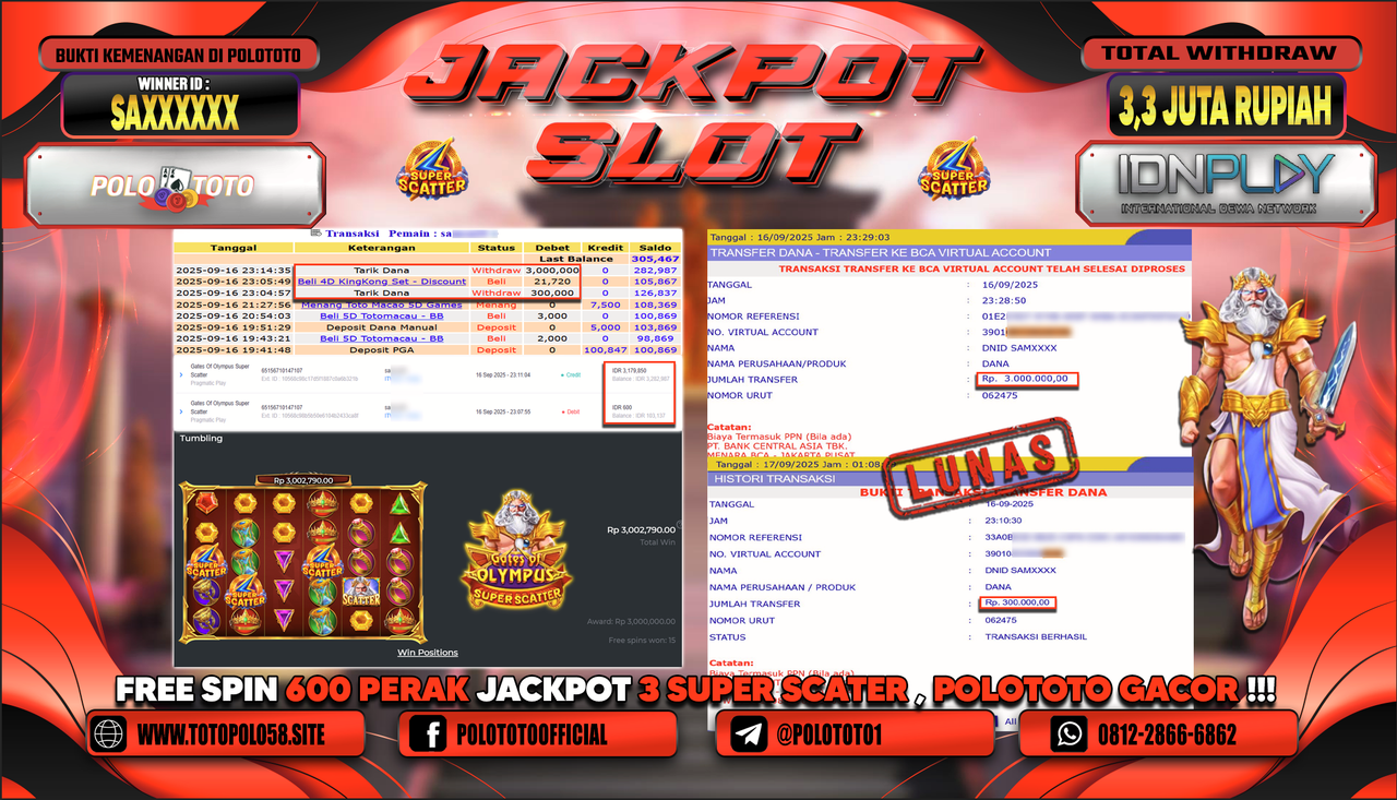 POLOTOTO JACKPOT SLOT GATES OF OLYMPUS SUPER SCATTER Rp.3.300.000,-