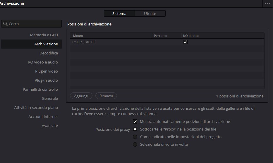 Preferenze DaVinci Resolve 2
