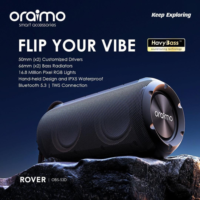 سماعة Oraimo Rover 12W لاسلكية - بلوتوث - تعزيز Bass - أسود - OBS-53D
