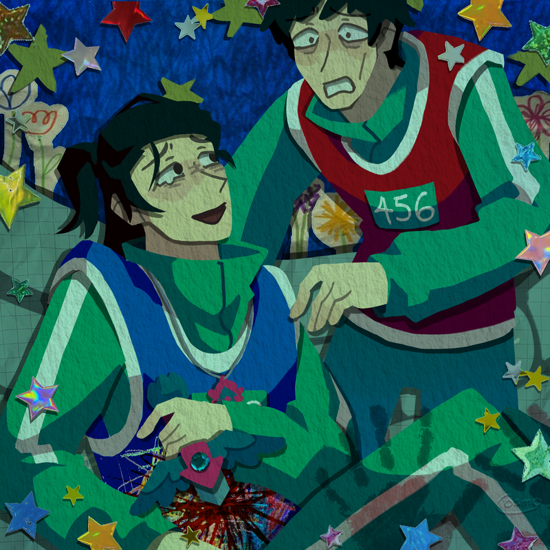 Dae-ho sits on the floor, tearing up, with a knife in his side. Gi-hun rushes toward him in disbelief.