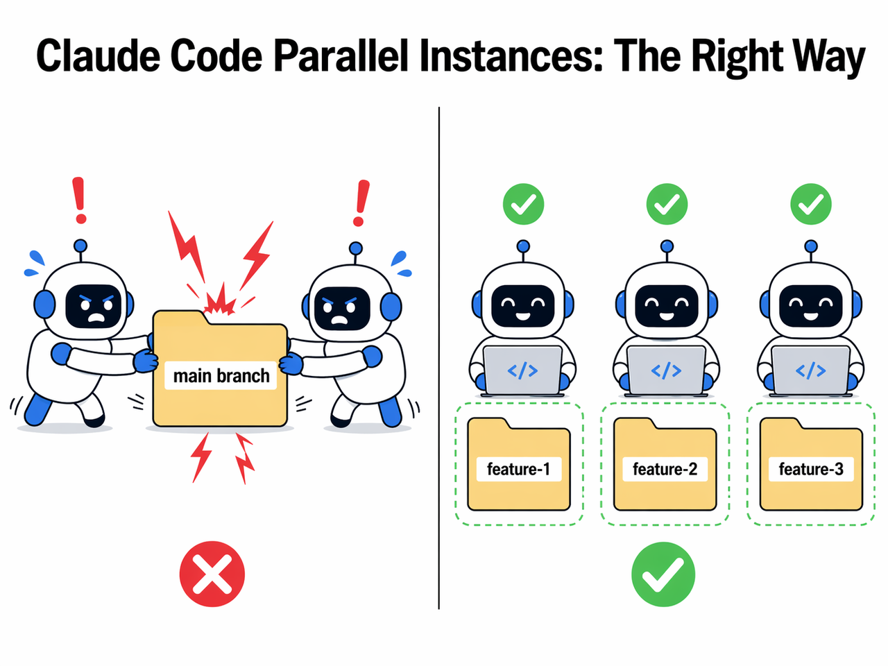 Claude Code parallel instances workflow — git worktree branch isolation diagram