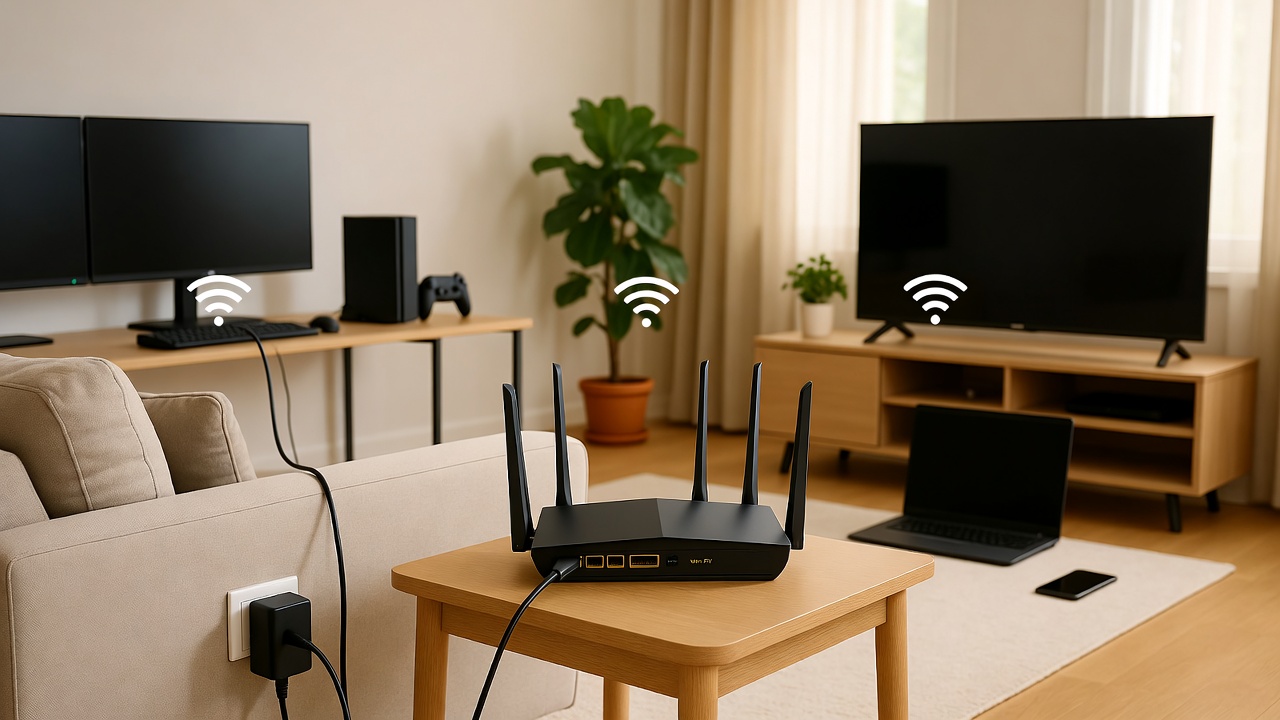 Wi-Fi 6 router for smart homes with multiple connected devices shown