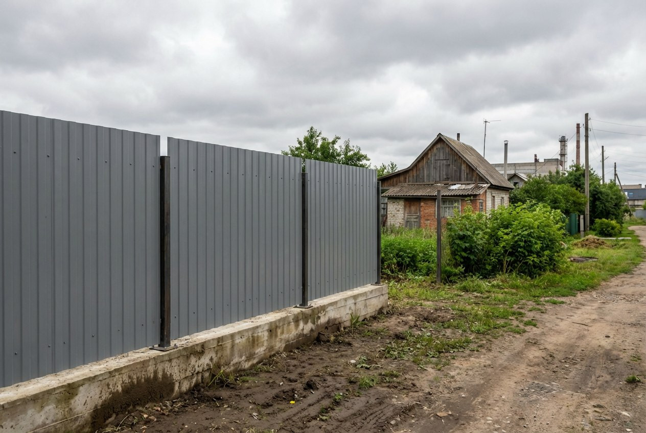 Современный забор из профнастила серого цвета на загородном участке