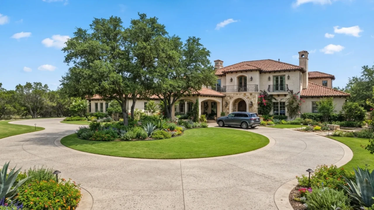 Circular concrete driveway with center island San Antonio upscale neighborhood