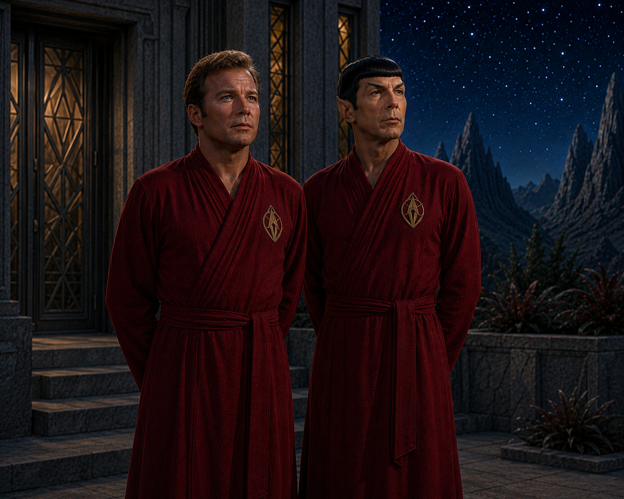 Jim and Spock in crimson robes