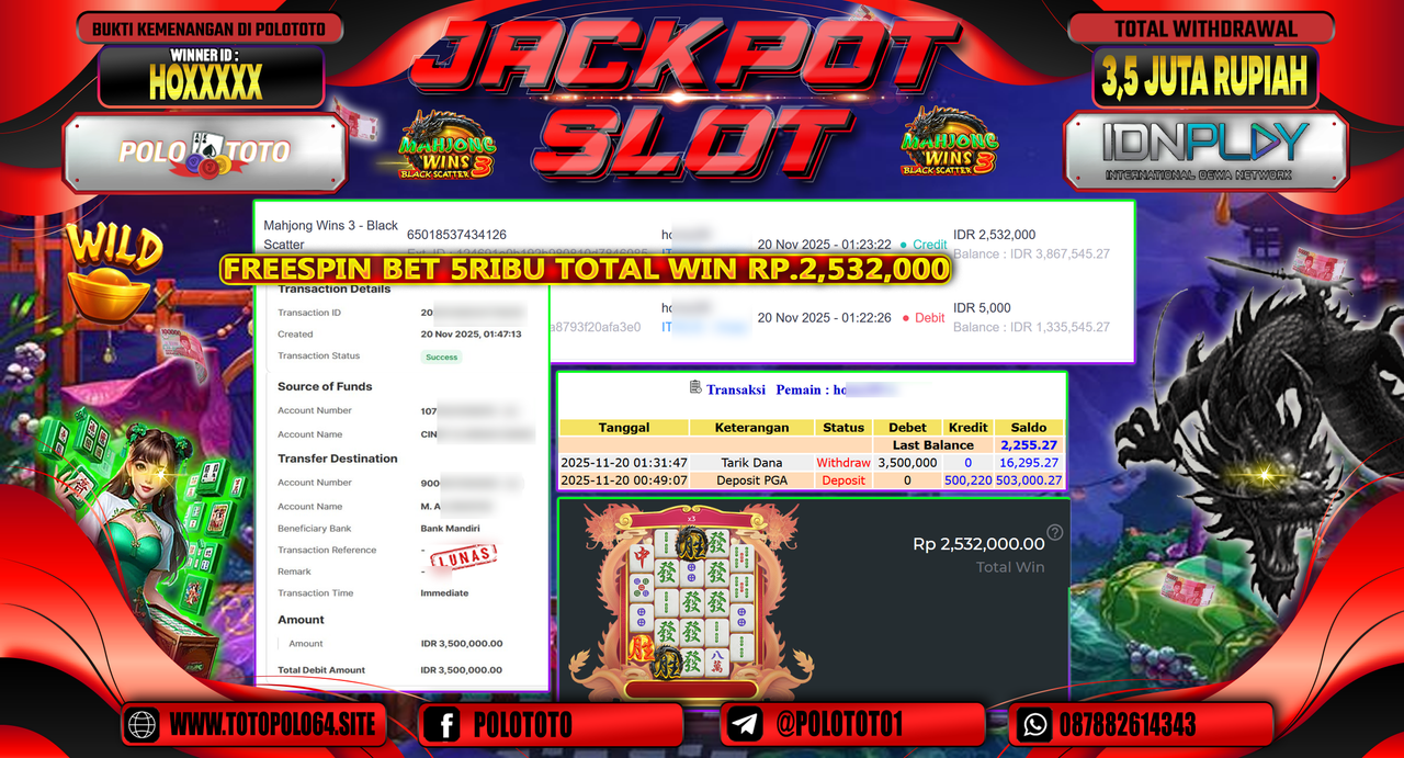 POLOTOTO JACKPOT SLOT MAHJONG WINS 3 - BLACK SCATTER Rp.3.500.000,- LUNAS