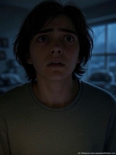 A person with wide, fearful eyes and a slightly open mouth, staring at the screen with an expression of indecision and anxiety, set against a dimly lit background.