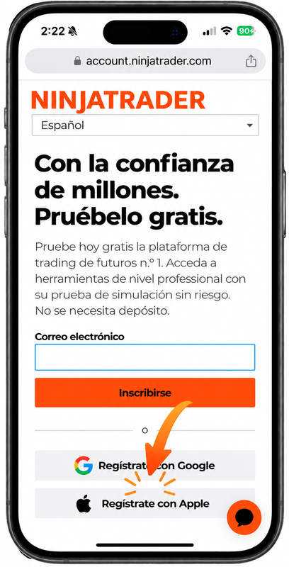 Selecciona Regístrate con Google o Regístrate con Apple en NinjaTrader
