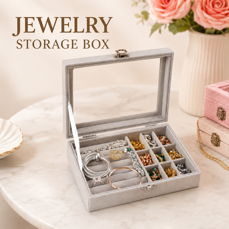 Transparent Glass Lid Velvet Jewelry Storage Box Organizer