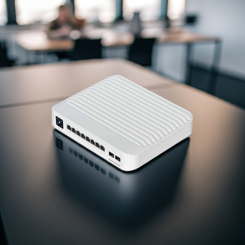 Switch USW-Pro-8-Poe sobre uma mesa, mostrando seu design compacto e silencioso