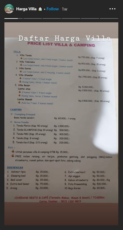 Daftar tarif sewa villa Curug Ciherang Bogor.