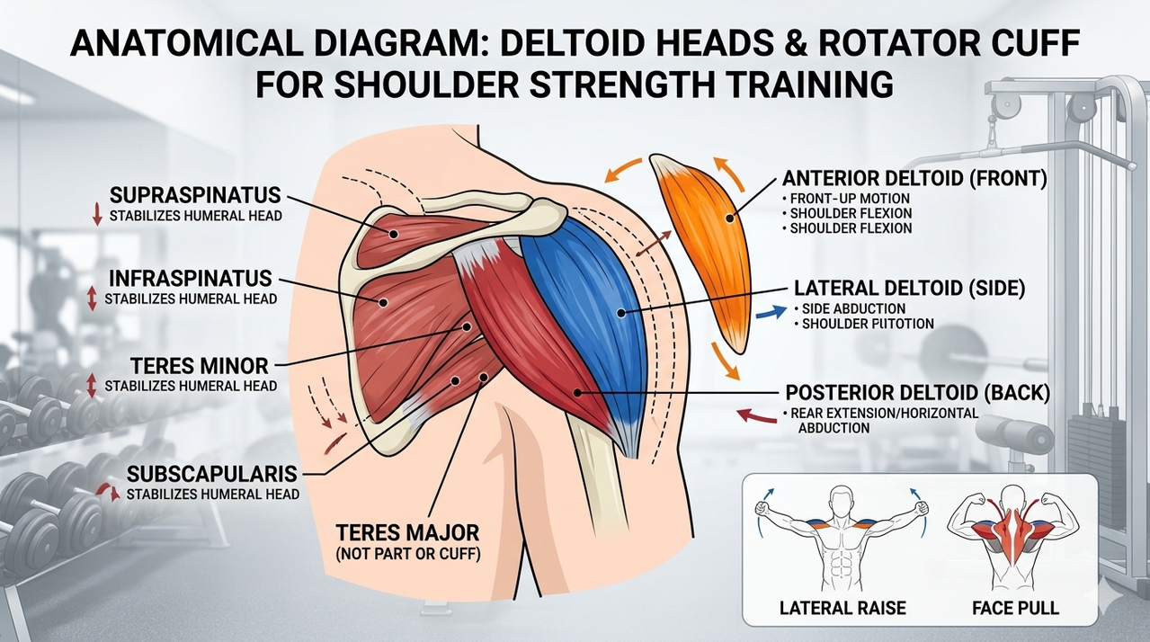 Anatomical diagram showing three deltoid heads anterior lateral posterior and rotator cuff muscles for shoulder strength training and anatomy