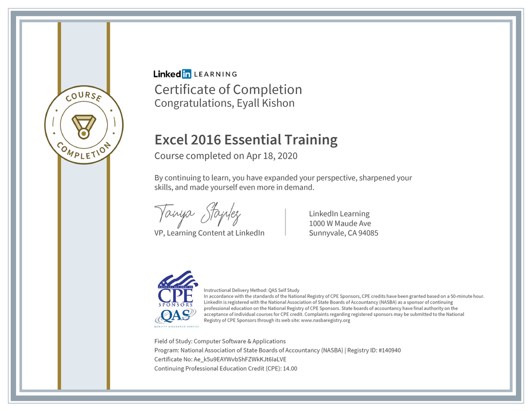 CertificateOfCompletion_Excel 2016 Essential Training (1)