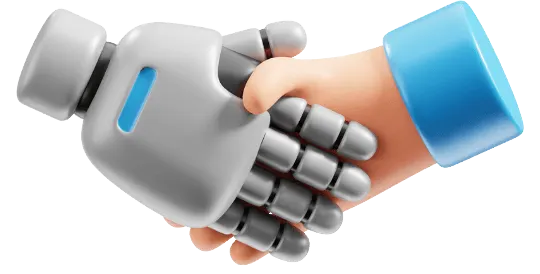 3D illustration of a human hand shaking hands with a robotic hand, symbolizing Vinner Agency’s integration of AI with human creativity to improve efficiency and workflow