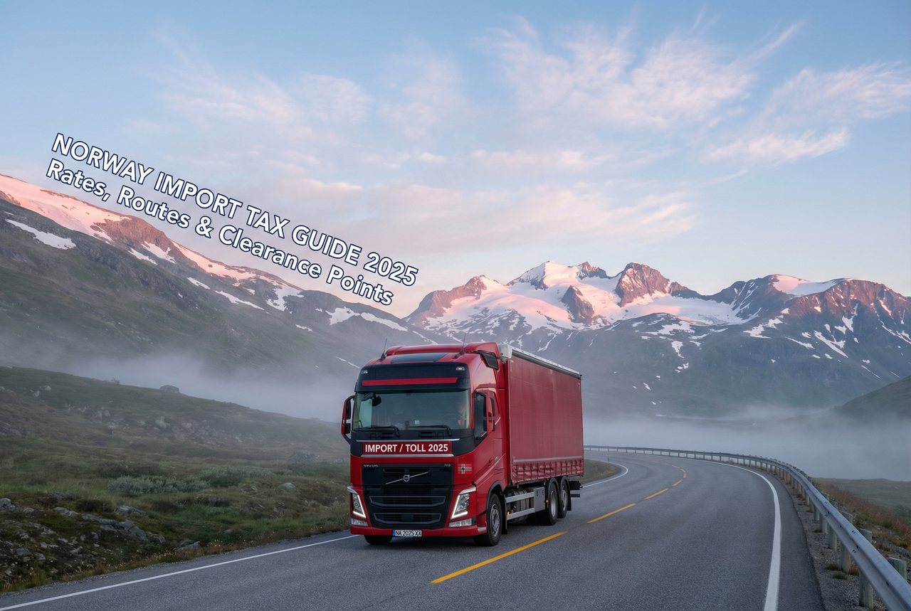 Freight truck transporting imported goods on Norwegian highway - inland delivery from port to distribution centers