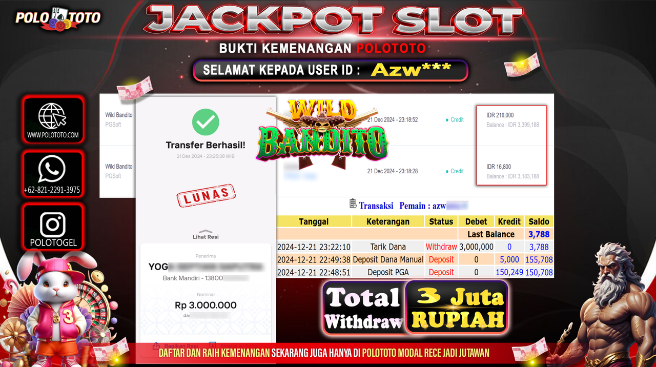 POLOTOTO JACKPOT SLOT WILD BANDITO Rp.3,000.000,-