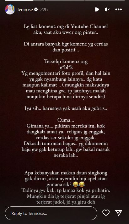 Tangkapan layar Instagram Story Feni Rose. 