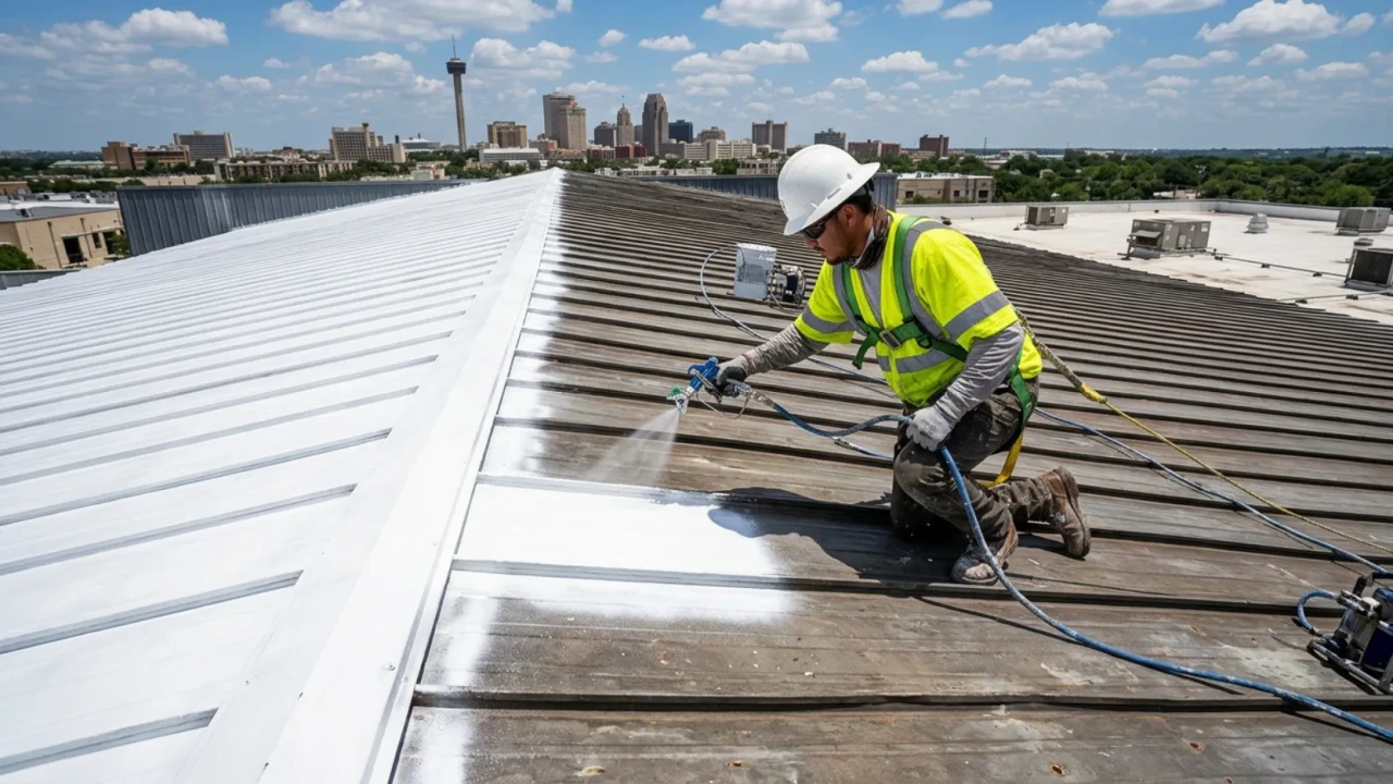 Elastomeric cool roof coating being applied to existing metal roof San Antonio Texas
