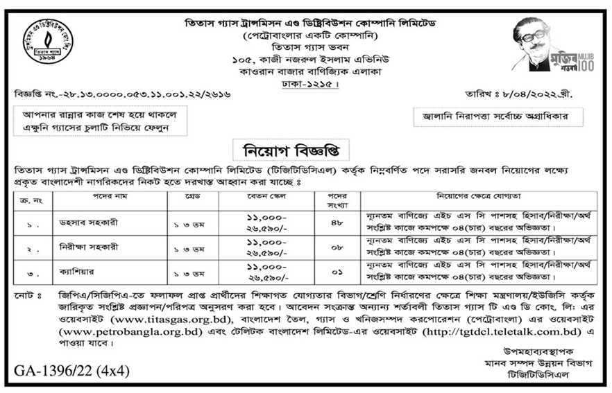 তিতাস গ্যাস নিয়োগ বিজ্ঞপ্তি ২০২২
