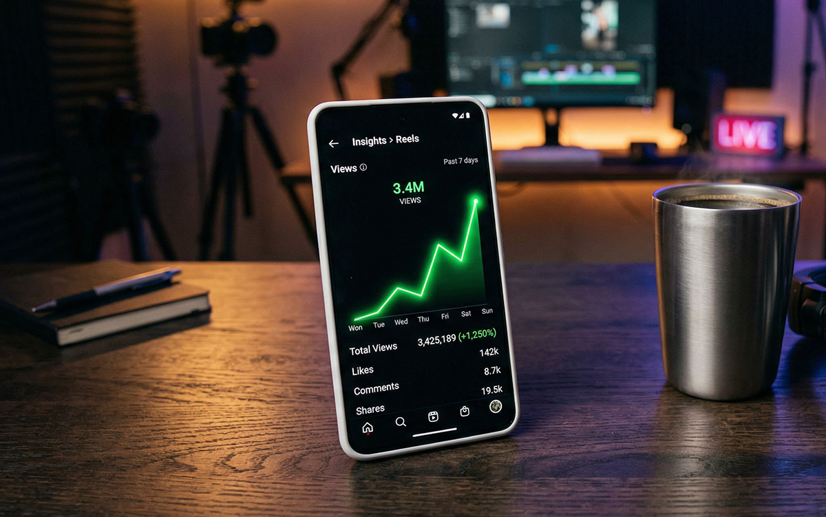 Schermo di uno smartphone che mostra le statistiche (Insight) di un Reel Instagram con il grafico delle visualizzazioni in forte crescita, su una scrivania da creator.
