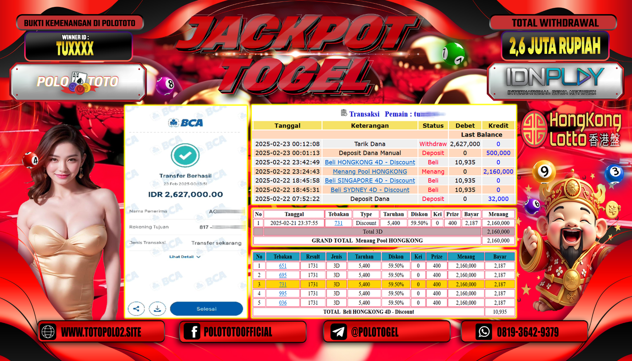 POLOTOTO JACKPOT TOGEL PASARAN HONGKONG Rp.2.600.000,- LUNAS