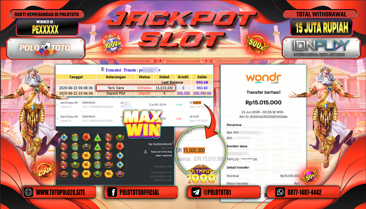 POLOTOTO JACKPOT SLOT GATES OF OLYMPUS 1000 Rp15.015.000,-