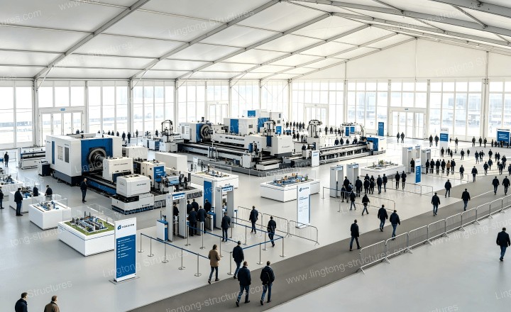 Hannover Messe tent conference area with media interview setup