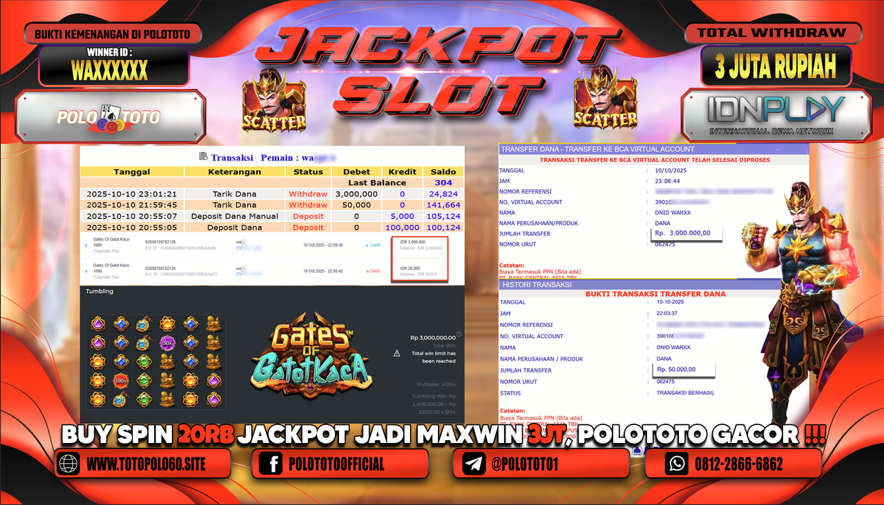 POLOTOTO JACKPOT SLOT GATES OF GATOT KACA 1000 Rp.3.000.000,- LUNAS
