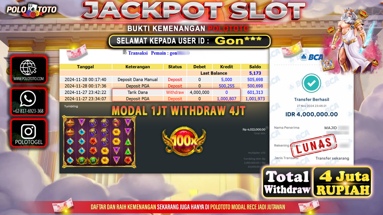 POLOTOTO JACKPOT SLOT GATES OF OLYMPUS Rp.4,000.000,-
