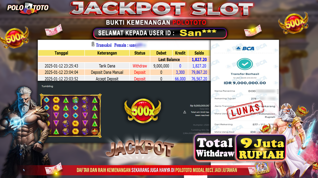 POLOTOTO JACKPOT SLOT GATES OF OLYMPUS 1000 Rp.9,000.000,-