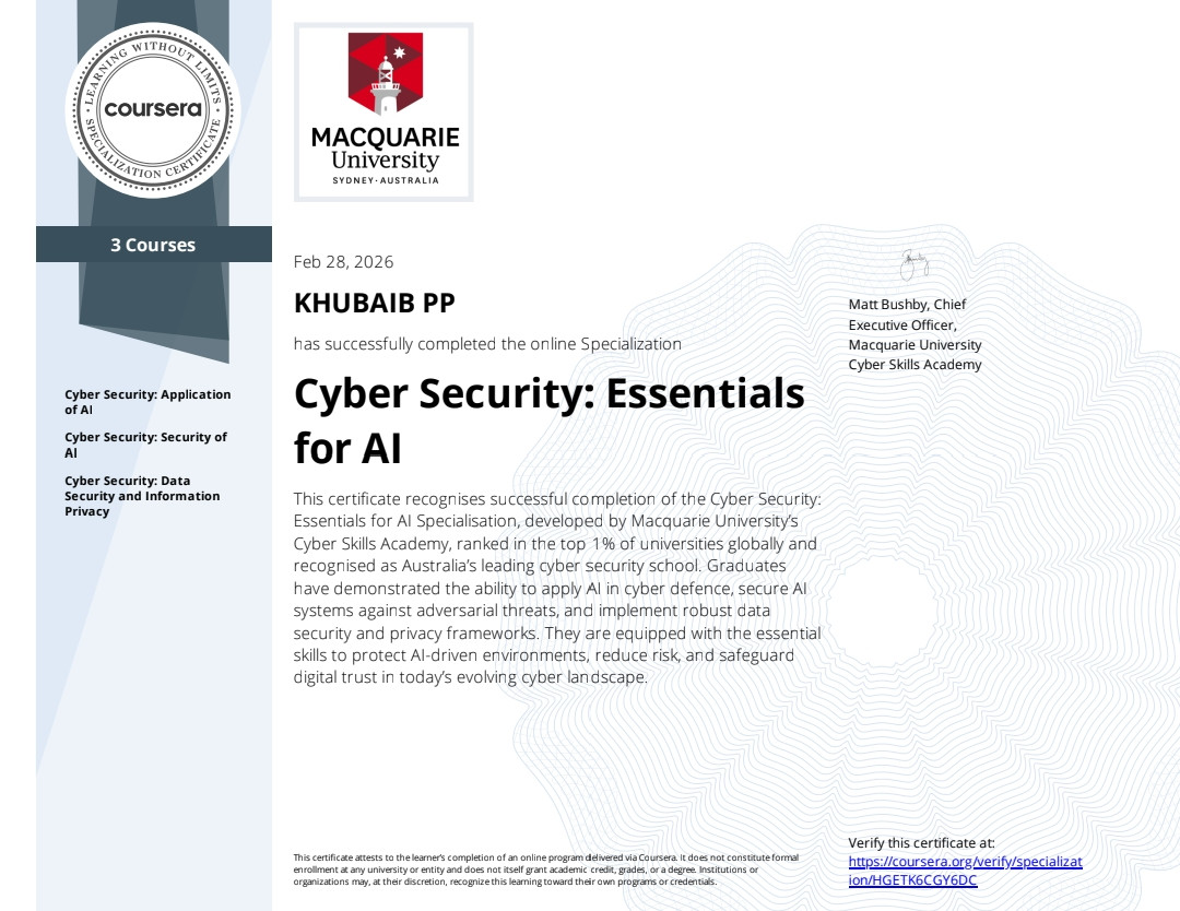 Cyber Security: Essentials for AI Specialization certificate thumbnail