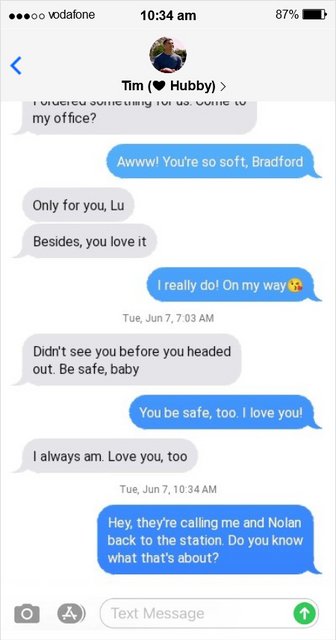 Text message thread between Lucy and Tim. The last message is from Lucy asking Tim if he knows why she and Nolan are being called back to the precinct.