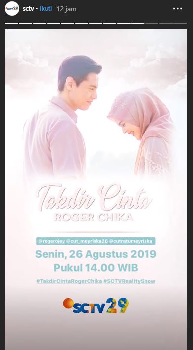 Resepsi Roger & Chika live di SCTV dan Vidio.com jam 17.00 WIB.