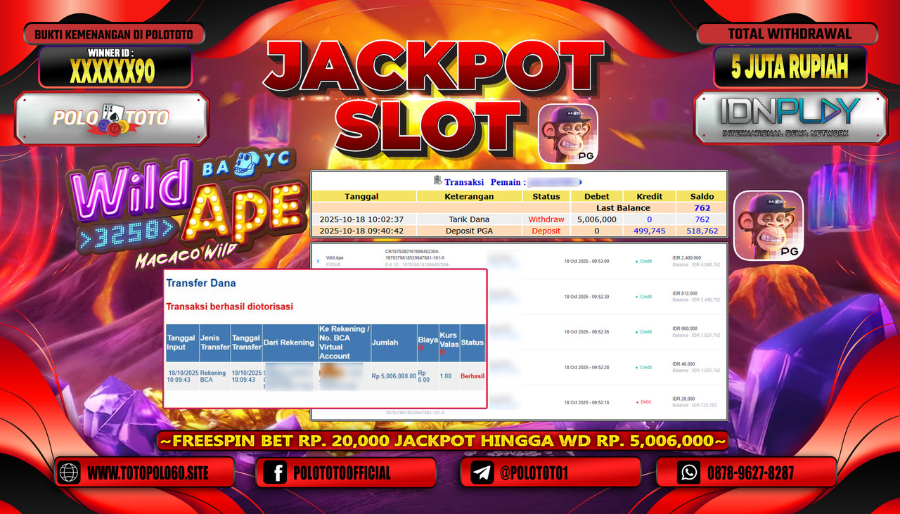 POLOTOTO JACKPOT SLOT WILD APE Rp.5.000.000,- LUNAS