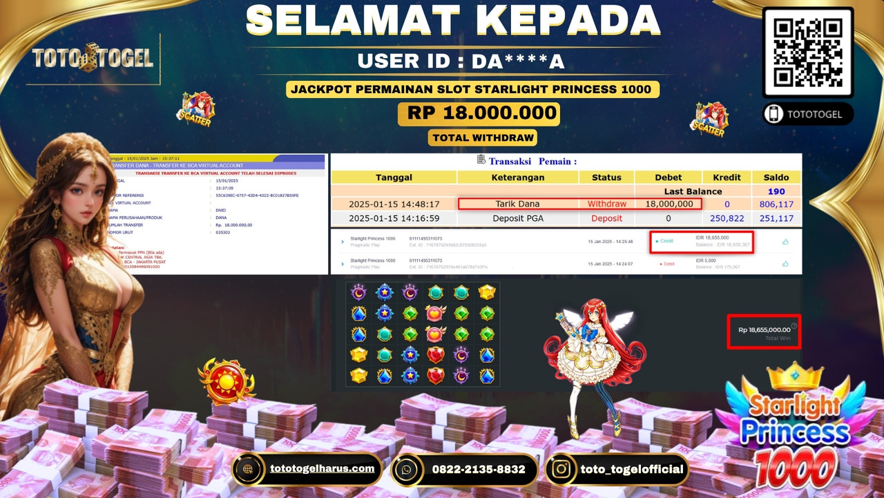 Bukti Pembayaran Jackpot  Permainan Slot Starligt Princess 1000 :DA****A  LUNAS