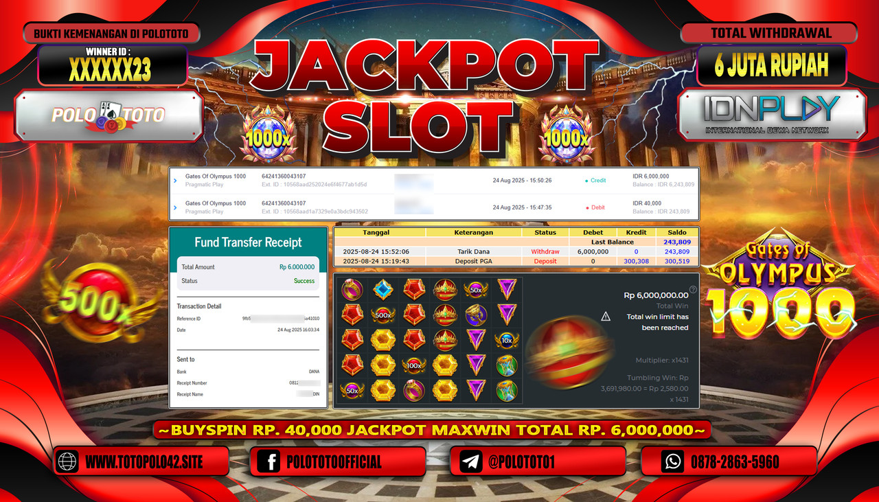 POLOTOTO JACKPOT SLOT GATES OF OLYMPUS 1000 Rp.6.000.000,- LUNAS