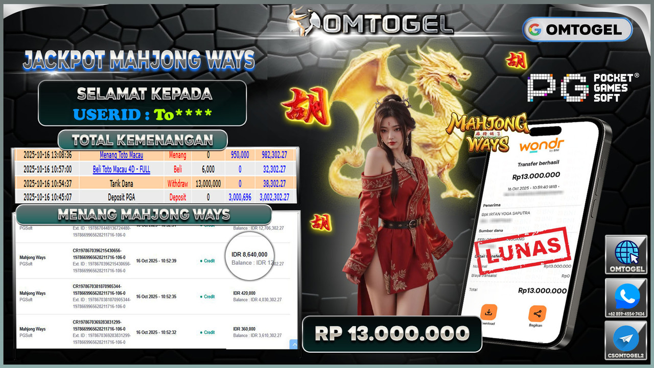 OMTOGEL JACKPOT PGSOFT MAHJONG WAYS 13 JUTA DI BAYAR LUNAS ,-